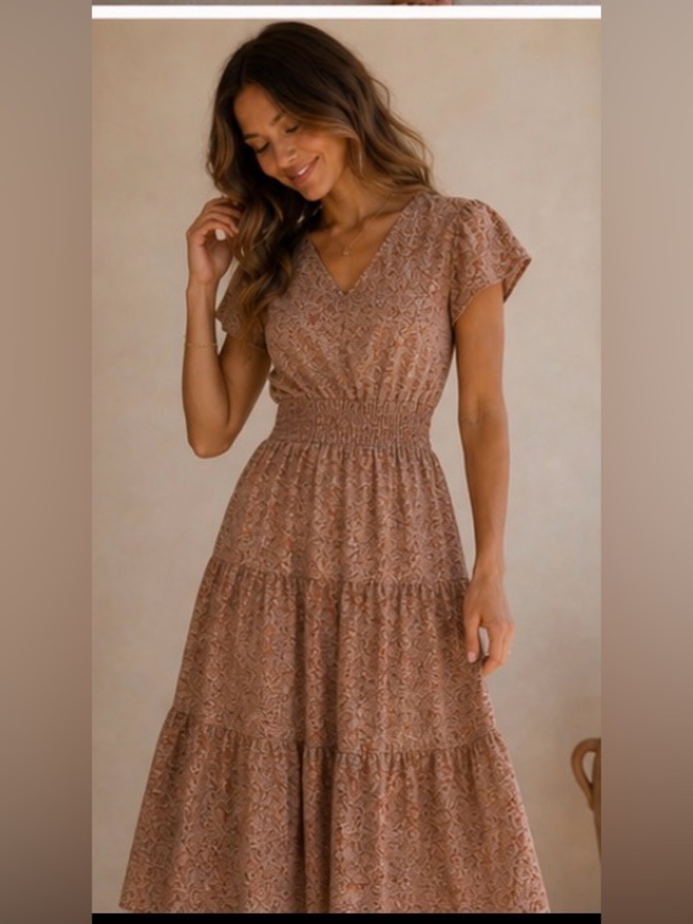 Monetau Los Angeles Smocked Waist V-Tiered Midi Dress